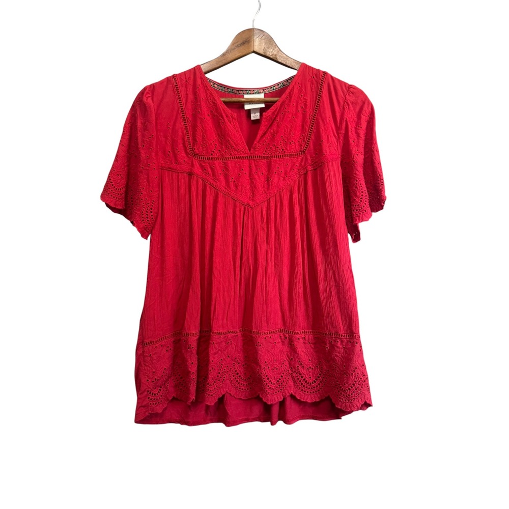 Knox Rose Eyelet Peasant Top Women Medium Red Excellent Boho Short Sleeve Blouse